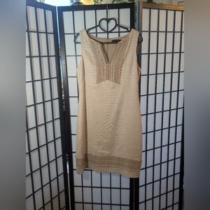 WHITEHOUSE BLACKMARKET tan linen dress with Bohemian detailed trim